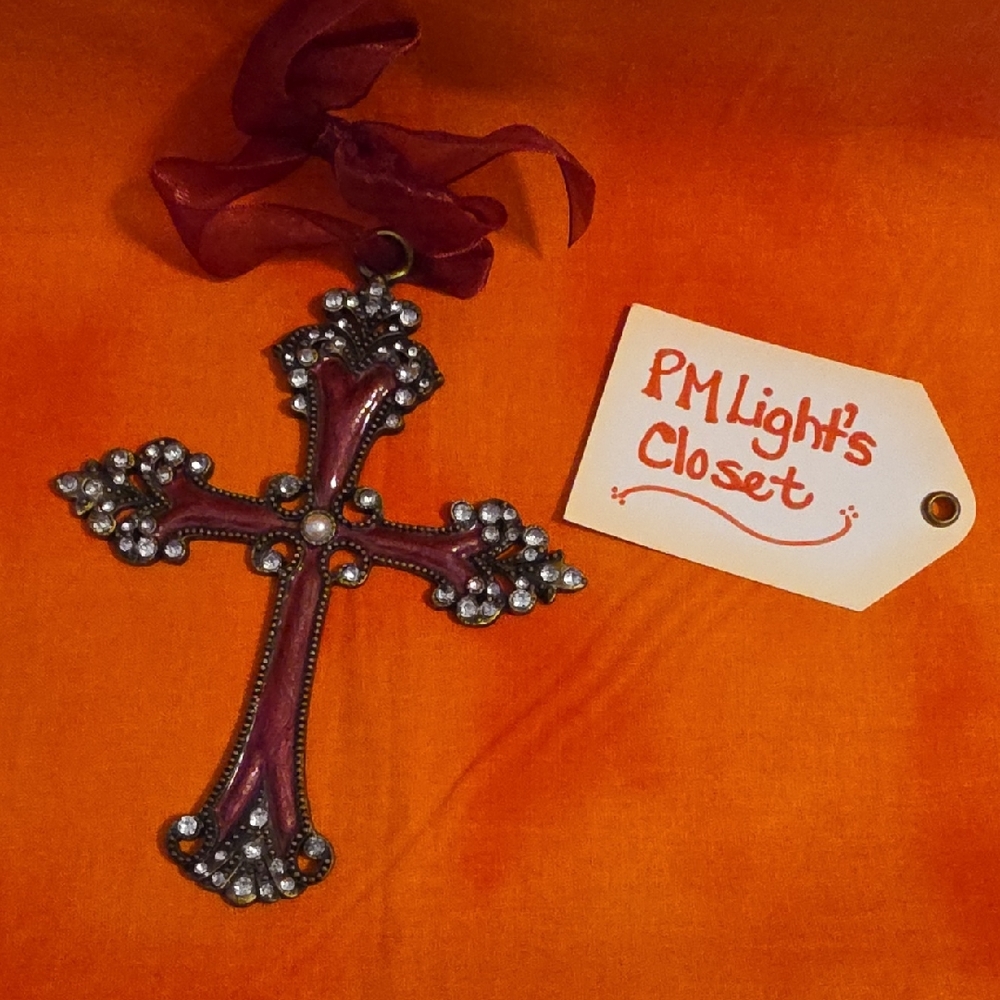 Kirklands Decorative Cross Ornament Red Silver Crystals Pearl